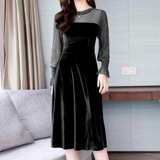 Puff-sleeve Mesh Panel Pleuche A-line Dress