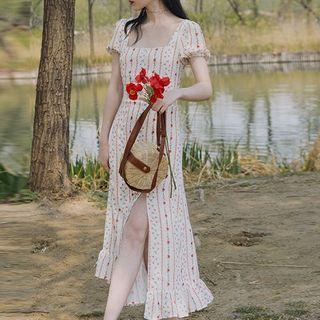 Floral Puff-sleeve Square-neck Slit Midi A-line Dress