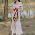 Floral Puff-sleeve Square-neck Slit Midi A-line Dress