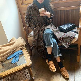 Notch-lapel Woolen Plaid Wrap Coat Brown - One Size