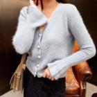 V-neck Faux-pear Button Furry Cardigan