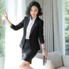 Plain Blazer / Pencil Skirt / Dress Pants / Contrast Trim Blouse / Set