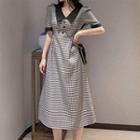 Short-sleeve Plaid Midi A-line Dress Dress - Plaid - Black & White - One Size