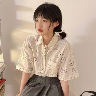 Short-sleeve Bear Print Shirt Bear Print - Almond - One Size