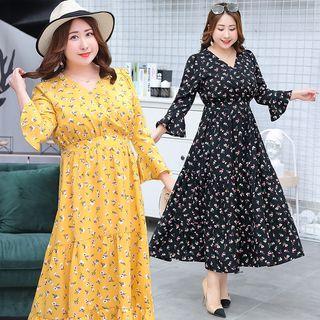 Long-sleeve Ruffled Print Loose-fit Dress