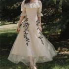 Short-sleeve Leaf Embroidered Mesh Maxi A-line Dress