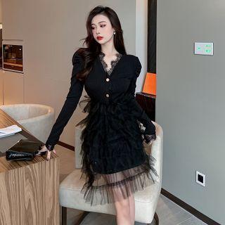 Long-sleeve Lace Trim Mesh Panel Tiered A-line Dress