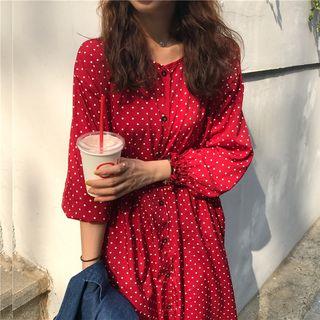 Denim Vest / Polka Dot A-line Buttoned Dress