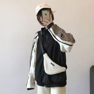 Plaid Panel Striped Bomber Jacket As Shown In Figure - One Size