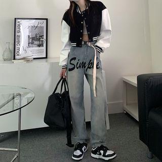 Lettering Straight Leg Jeans / Cropped Baseball Jacket