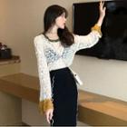 Round-neck Bell-sleeve Pointelle-knit Top
