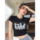 Lettering Dog Print Cropped T-shirt T-shirt - Black - One Size