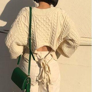 Long Sleeve V-neck Lace-up Back Cable Knit Crop Top