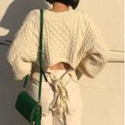 Long Sleeve V-neck Lace-up Back Cable Knit Crop Top