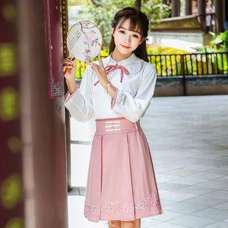 Set: Tie-neck Blouse + Embroidery Pleated Skirt