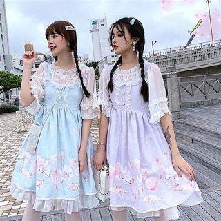 Spaghetti Strap Print Dress / Elbow-sleeve Top