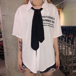 Lettering Elbow-sleeve Shirt White - One Size