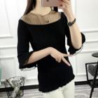 3/4-sleeve Sheer Panel Knit Top