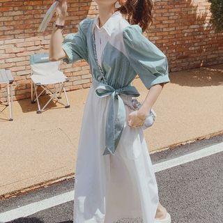 Short-sleeve Tie-waist Striped Midi Shirt Dress