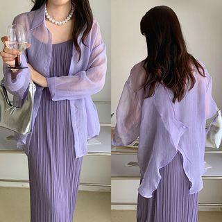Set: Light Shirt + Spaghetti Strap Pleated Midi Dress