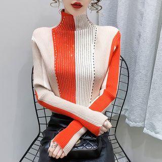 Turtleneck Color Block Rhinestone Knit Top