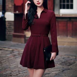 Long-sleeve A-line Mini Chiffon Dress With Belt