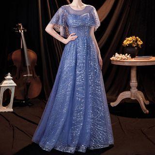 Short-sleeve Layered A-line Evening Gown