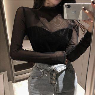 Long-sleeve Mesh T-shirt Black - One Size