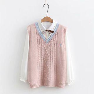 Set: V-neck Cable Knit Sweater Vest + Shirt