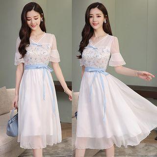 Short-sleeve Tie-waist Midi Chiffon Dress