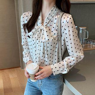 Long-sleeve Polka Dot Ribbon Chiffon Blouse