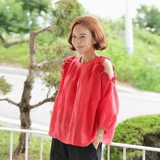 Cold-shoulder Flower-appliqu  Colored Blouse