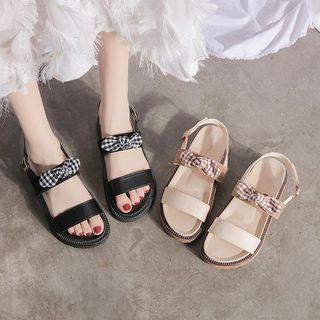 Faux Suede Plaid Ribbon Accent Slingback Sandals