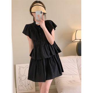 Puff Sleeve Stand-collar Ruffle Cake Dress