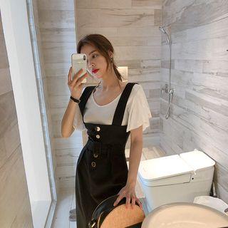 Buttoned Belted Slim-fit Suspender Dress