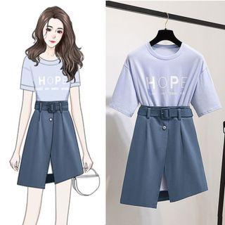 Set: Elbow-sleeve Lettering T-shirt + Slit Mini A-line Skirt