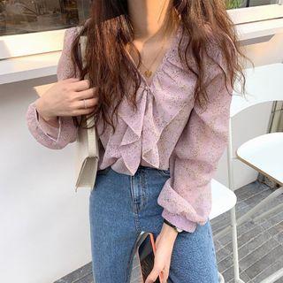 Floral Ruffle Trim V-neck Blouse