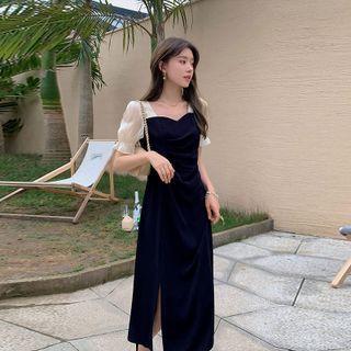 Puff-sleeve Two-tone Slit Midi A-line Dress
