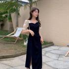 Puff-sleeve Two-tone Slit Midi A-line Dress