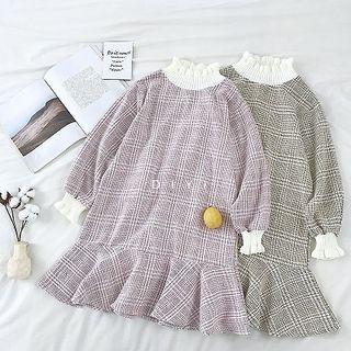 Long-sleeve Mock-neck Acrylic Ruffled-trim Dress