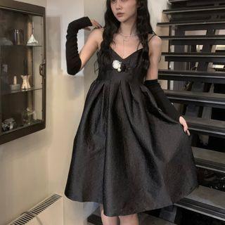 Spaghetti-strap Plain A-line Dress Black - One Size