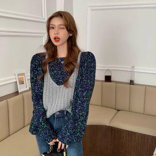 Floral Print Blouse / Pointelle Sweater Vest