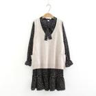 Set: Long-sleeve Dotted Midi Dress + V-neck Knit Vest