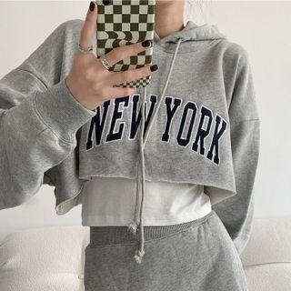 Lettering Cropped Hoodie Gray - One Size
