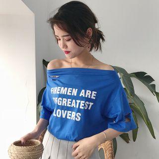 Off-shoulder Lettering Elbow-sleeve T-shirt