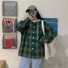 Plaid Hooded Panel Long-sleeve Shirt Green - One Size