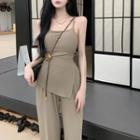 Spaghetti Strap Side Split Top / High Waist Boot-cut Pants