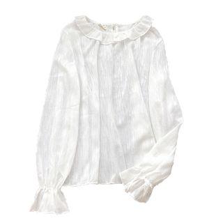 Ruffle-trim Long-sleeve Sheer Crinkle Top White - One Size