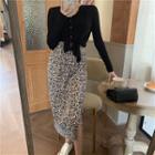 Long-sleeve Plain Knit Top / High-waist Floral Slit Skirt