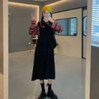 Striped Long-sleeve T-shirt / Midi A-line Overall Dress